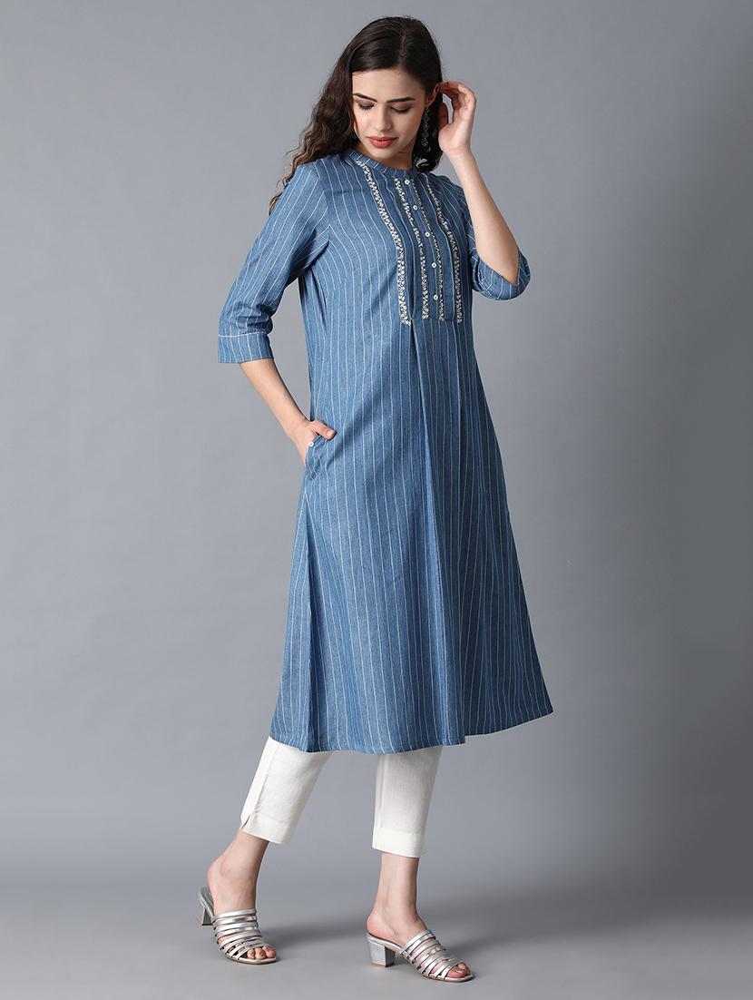 blue cotton aline kurta - 17627169 - Zoom Image - 3