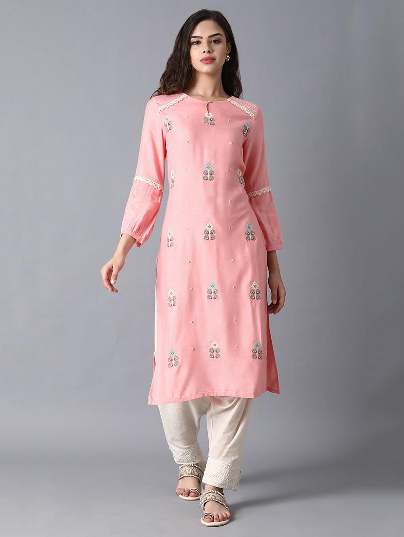pink rayon straight kurta - 17627187 - Zoom Image - 1