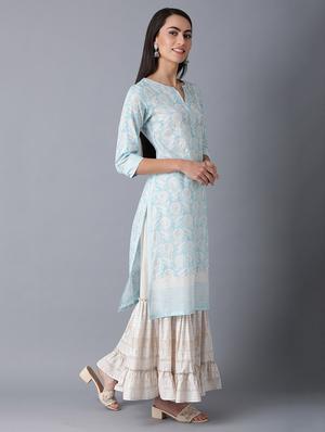 blue cotton straight kurta - 17627192 - Standard Image - 2