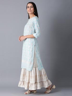 blue cotton straight kurta - 17627192 - Standard Image - 3