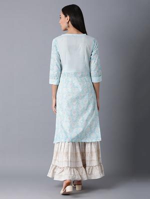 blue cotton straight kurta - 17627192 - Standard Image - 4