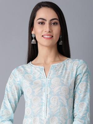 blue cotton straight kurta - 17627192 - Standard Image - 5
