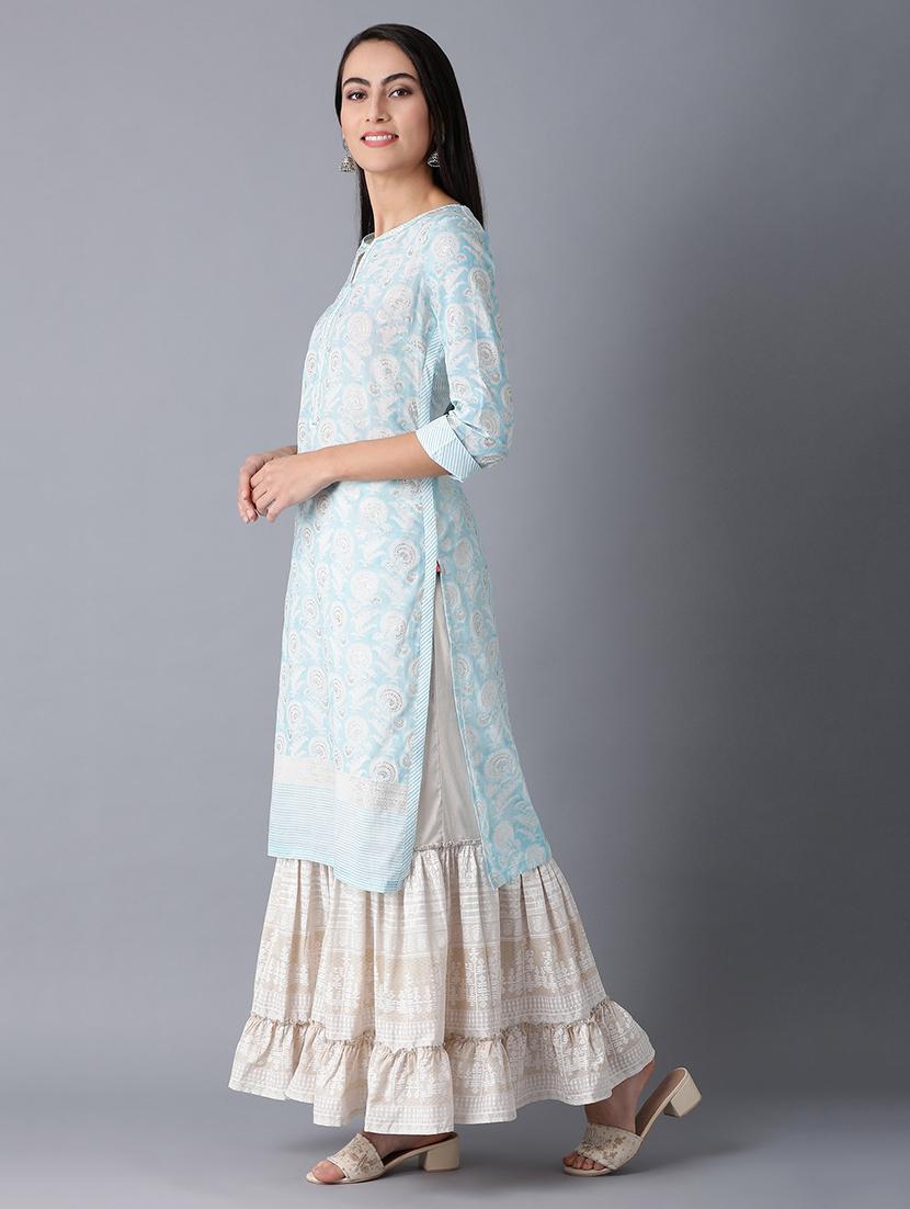 blue cotton straight kurta - 17627192 - Zoom Image - 3