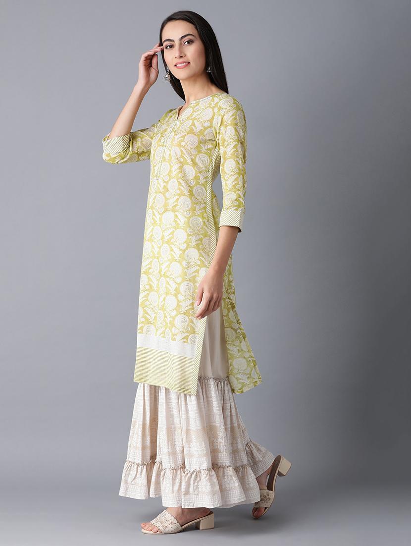 yellow cotton straight kurta - 17627194 - Zoom Image - 3