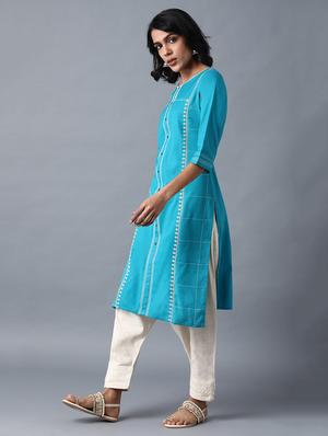 blue cotton blend straight kurta - 17627208 - Standard Image - 2