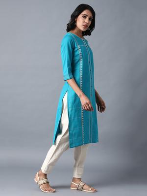 blue cotton blend straight kurta - 17627208 - Standard Image - 3