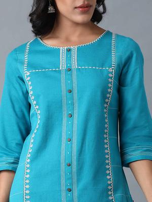 blue cotton blend straight kurta - 17627208 - Standard Image - 5