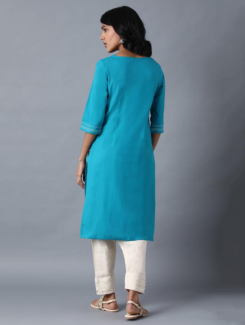 blue cotton blend straight kurta - 17627208 - Zoom Image - 4