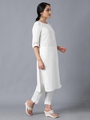 white cotton blend straight kurta - 17627230 - Standard Image - 2