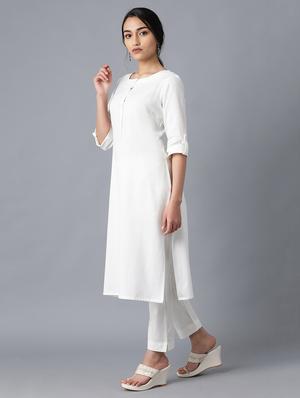 white cotton blend straight kurta - 17627230 - Standard Image - 3