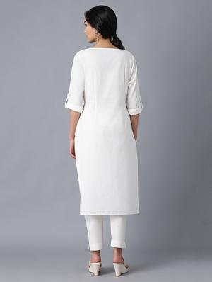 white cotton blend straight kurta - 17627230 - Standard Image - 4