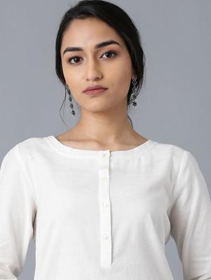 white cotton blend straight kurta - 17627230 - Standard Image - 5