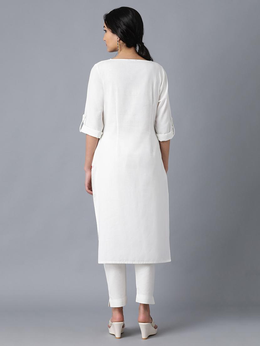 white cotton blend straight kurta - 17627230 - Zoom Image - 4