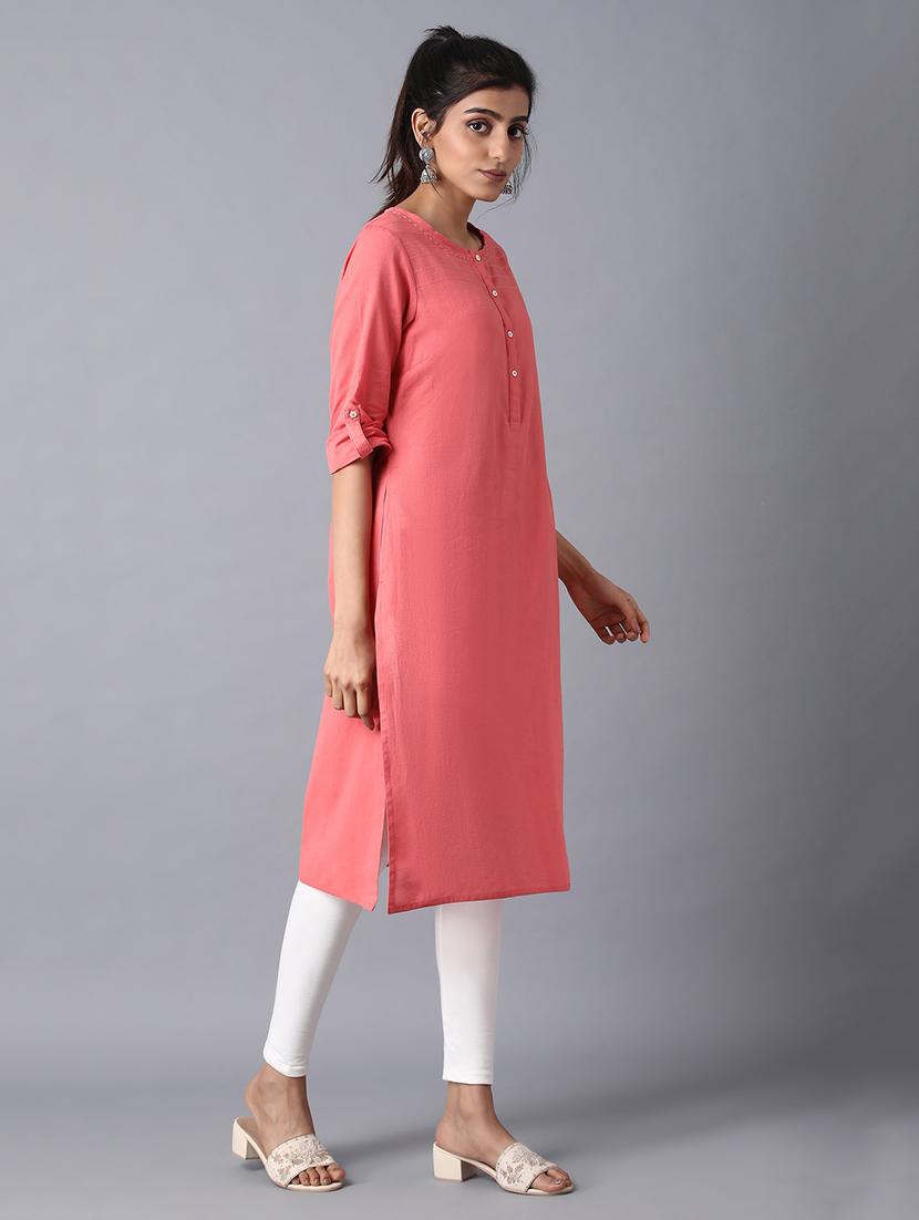 solid cotton blend straight kurta - 17627238 - Zoom Image - 3