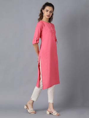 solid cotton blend straight kurta - 17627249 - Standard Image - 3