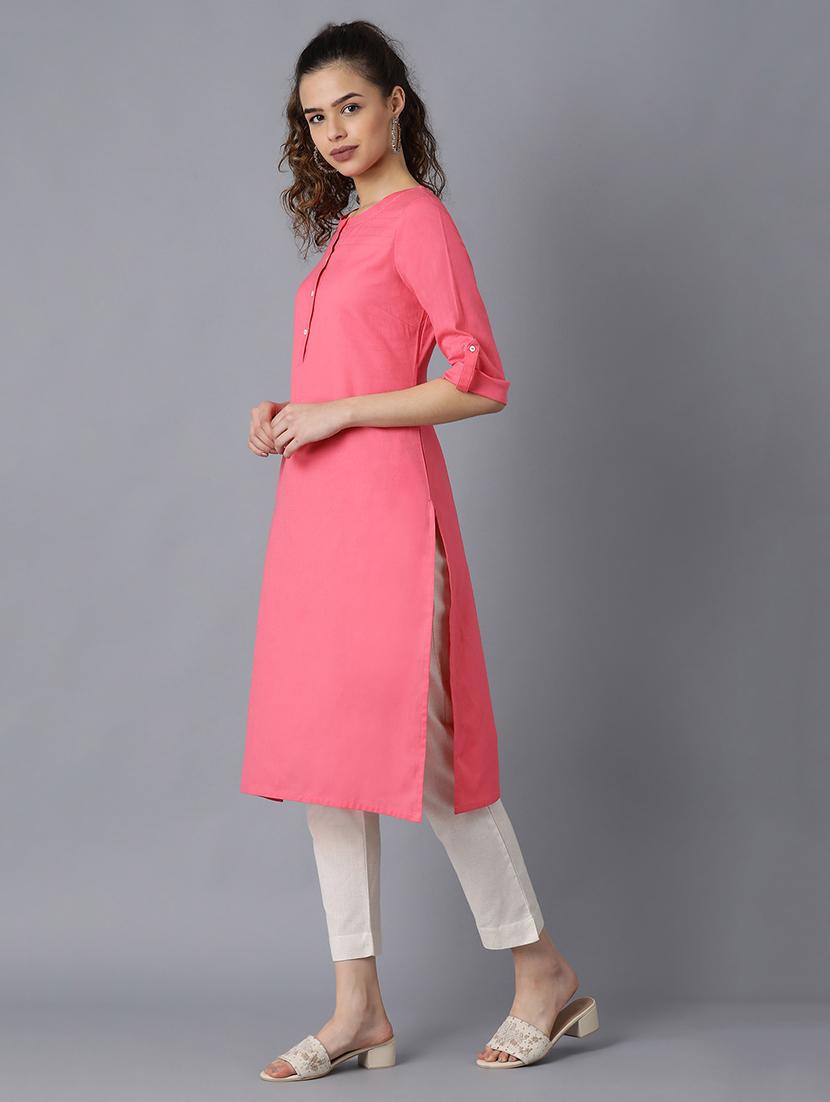 solid cotton blend straight kurta - 17627249 - Zoom Image - 2