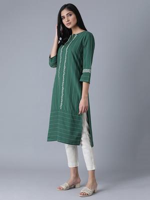 green cotton blend straight kurta - 17627254 - Standard Image - 2