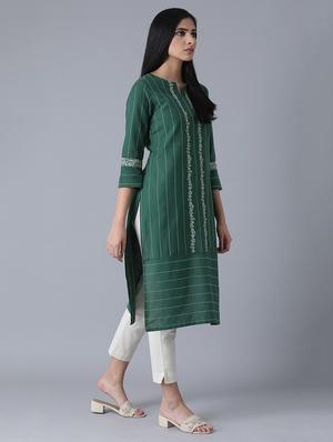 green cotton blend straight kurta - 17627254 - Standard Image - 3