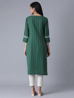green cotton blend straight kurta - 17627254 - Standard Image - 4