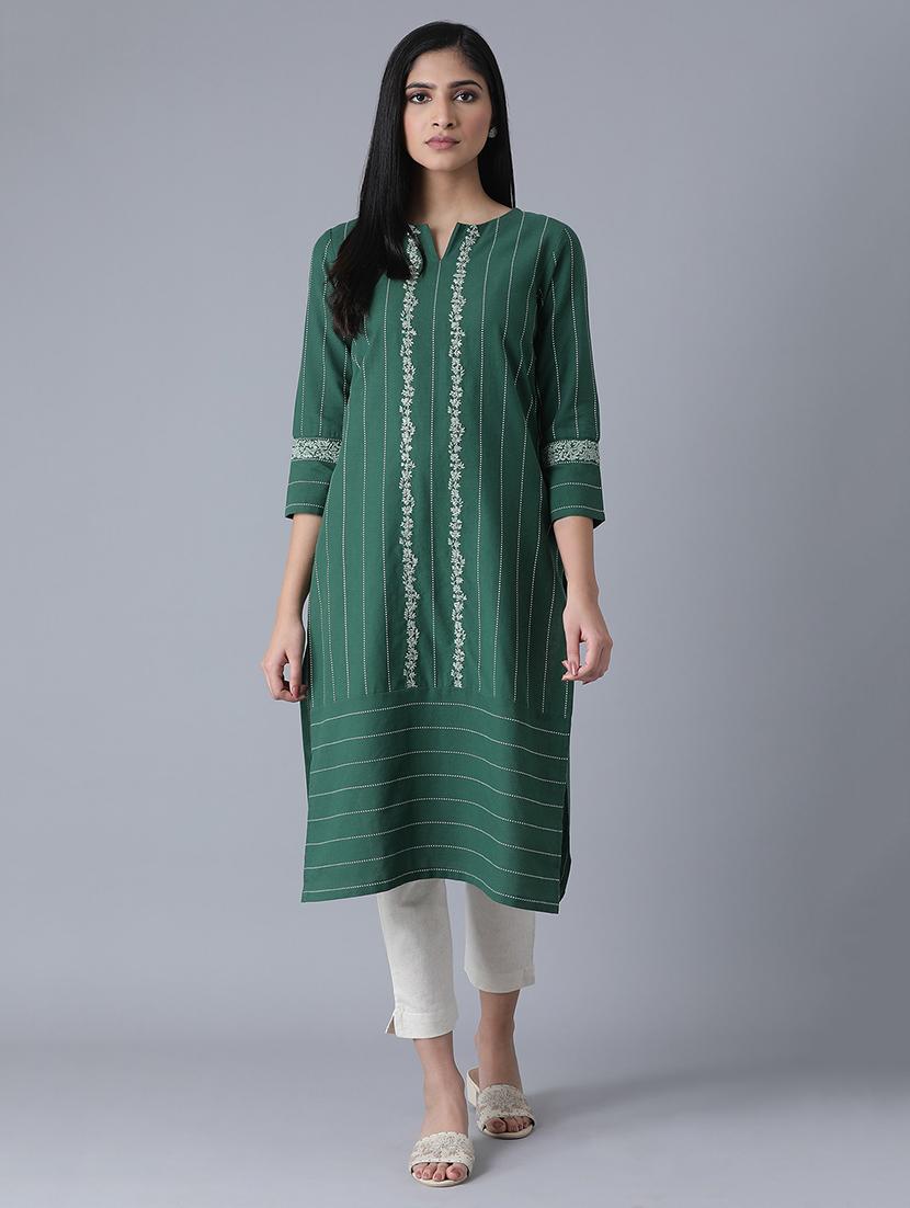 green cotton blend straight kurta - 17627254 - Zoom Image - 1