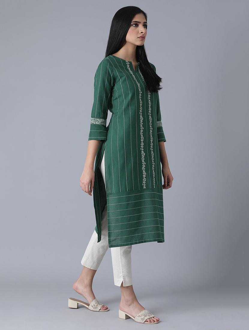green cotton blend straight kurta - 17627254 - Zoom Image - 3
