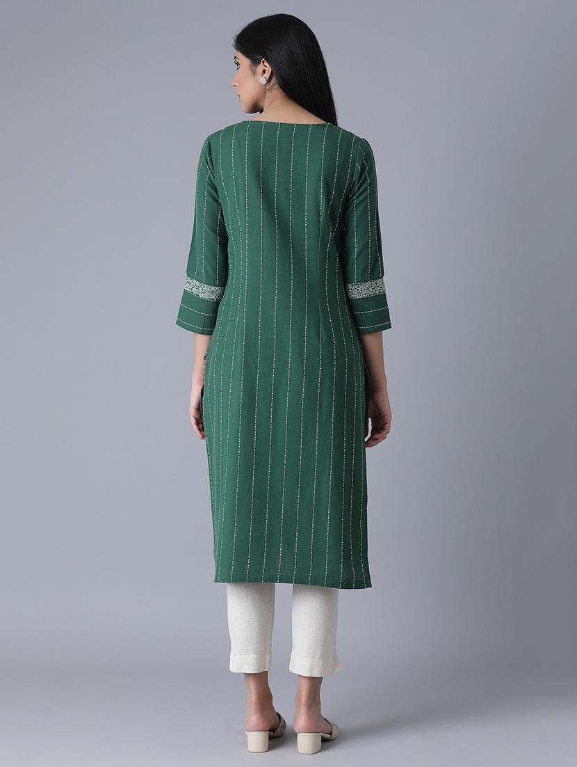 green cotton blend straight kurta - 17627254 - Zoom Image - 4