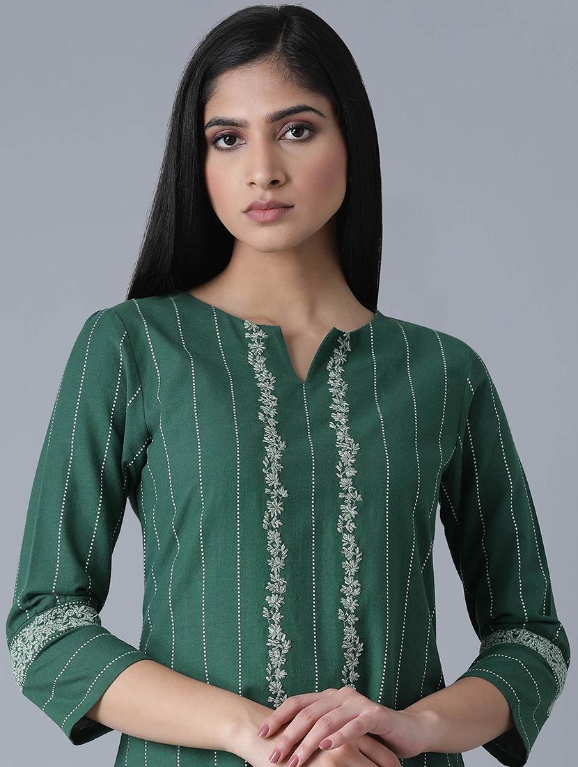 green cotton blend straight kurta - 17627254 - Zoom Image - 5