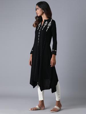 black viscose flared kurta - 17627336 - Standard Image - 2