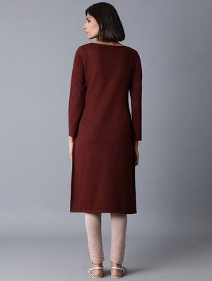 burgundy viscose straight kurta - 17627370 - Standard Image - 3