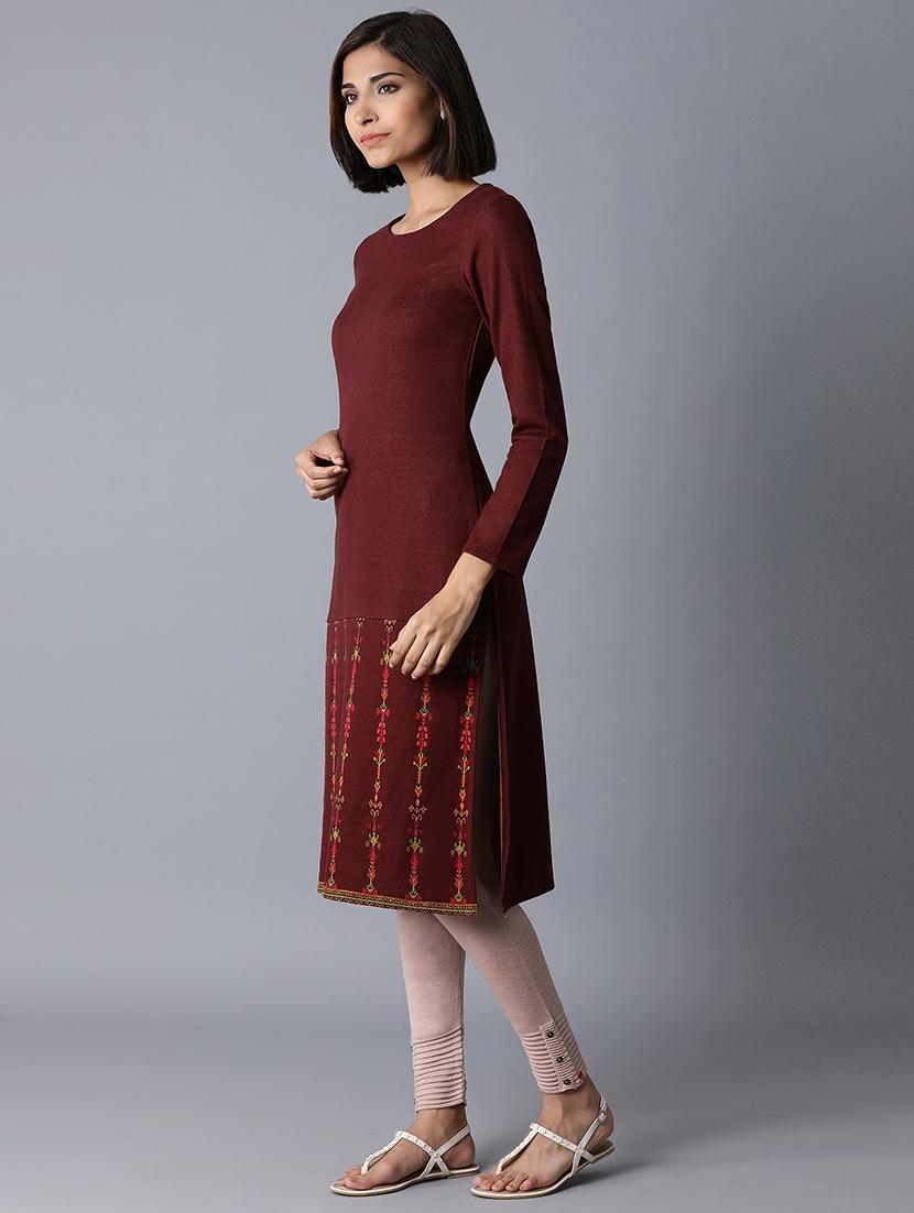 burgundy viscose straight kurta - 17627370 - Zoom Image - 2