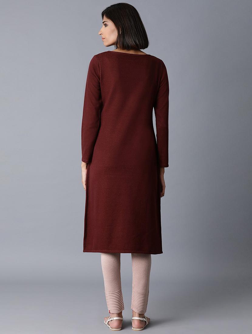 burgundy viscose straight kurta - 17627370 - Zoom Image - 3