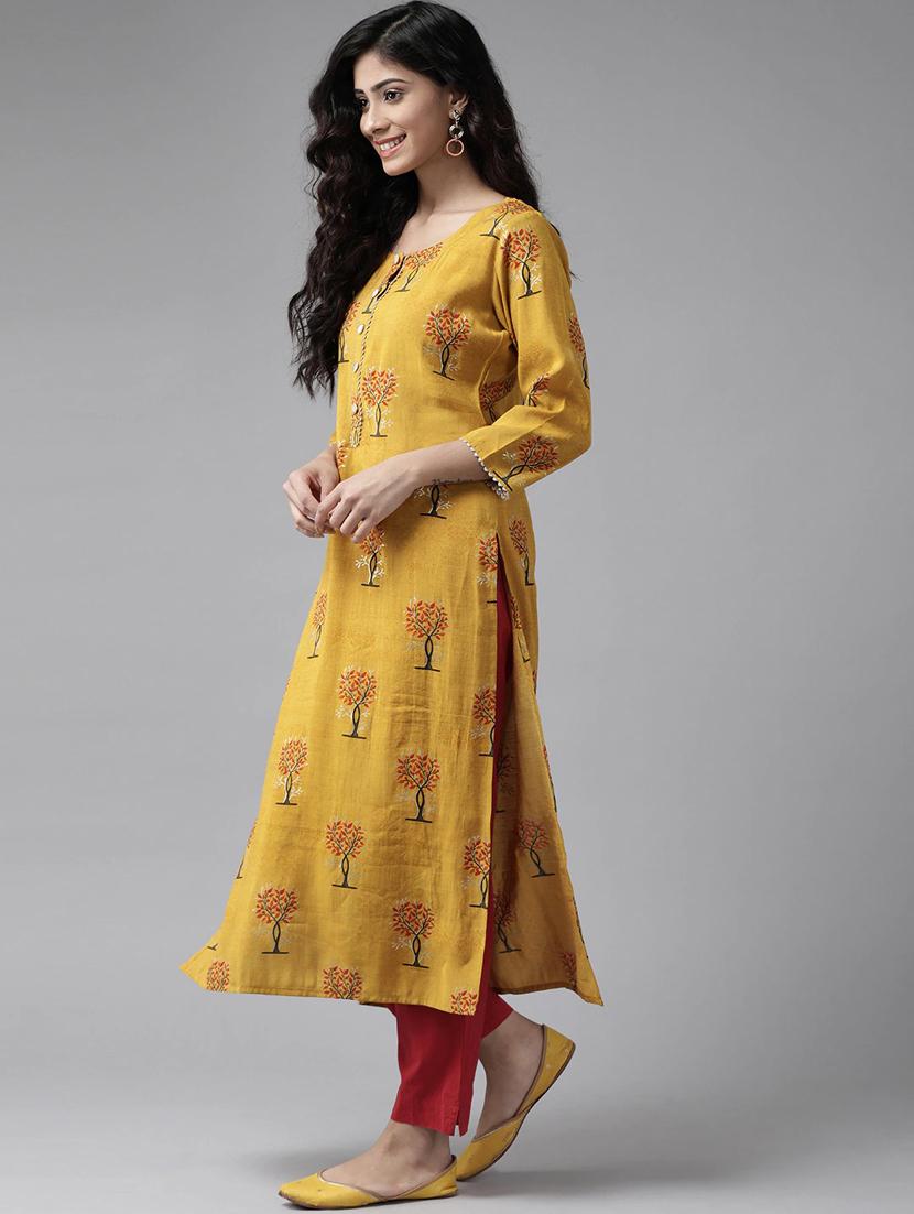 mustard silk blend straight kurta - 17628017 - Zoom Image - 2