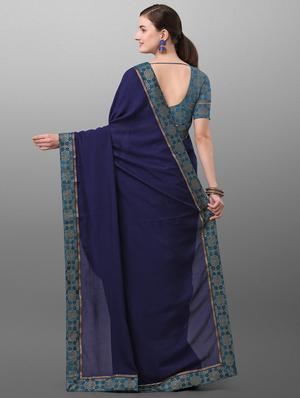 navy cotton bordered saree with blouse - 17628348 - Standard Image - 2