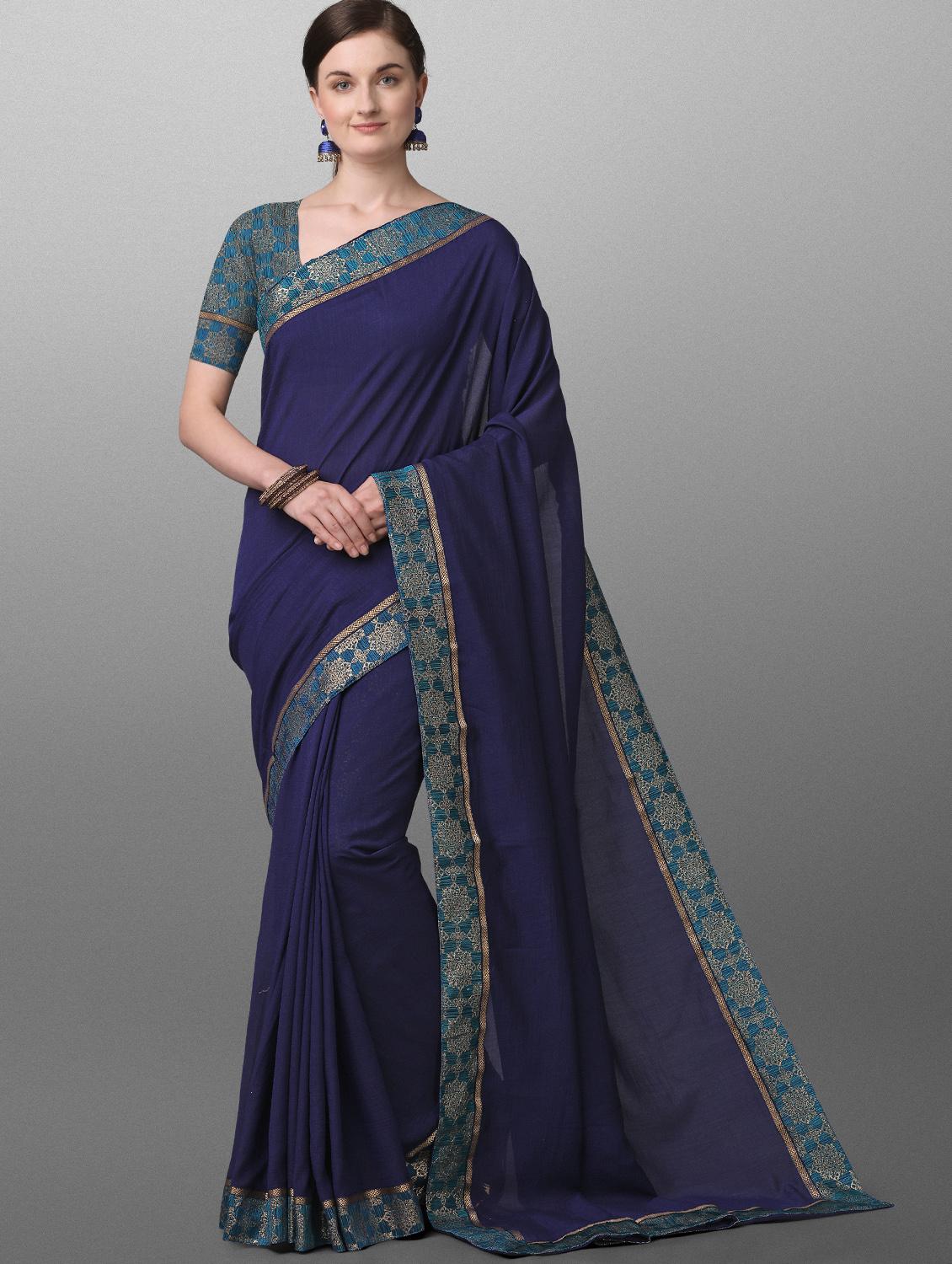 navy cotton bordered saree with blouse - 17628348 - Zoom Image - 1