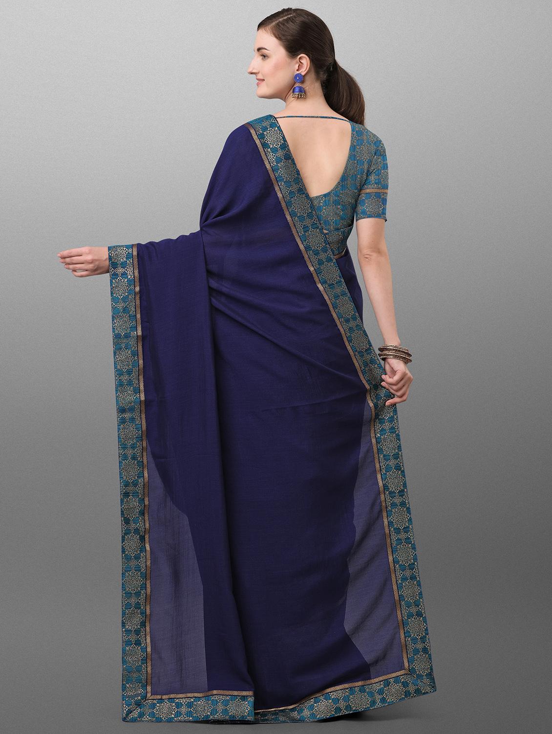 navy cotton bordered saree with blouse - 17628348 - Zoom Image - 2