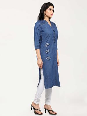 solid denim straight kurta - 17628452 - Standard Image - 2