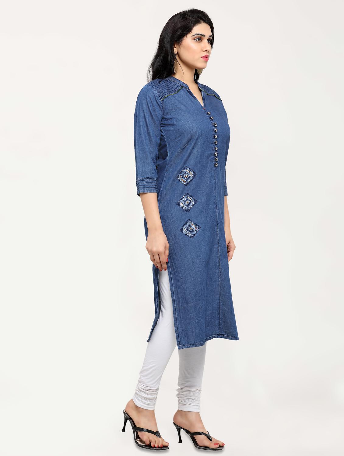 solid denim straight kurta - 17628452 - Zoom Image - 2