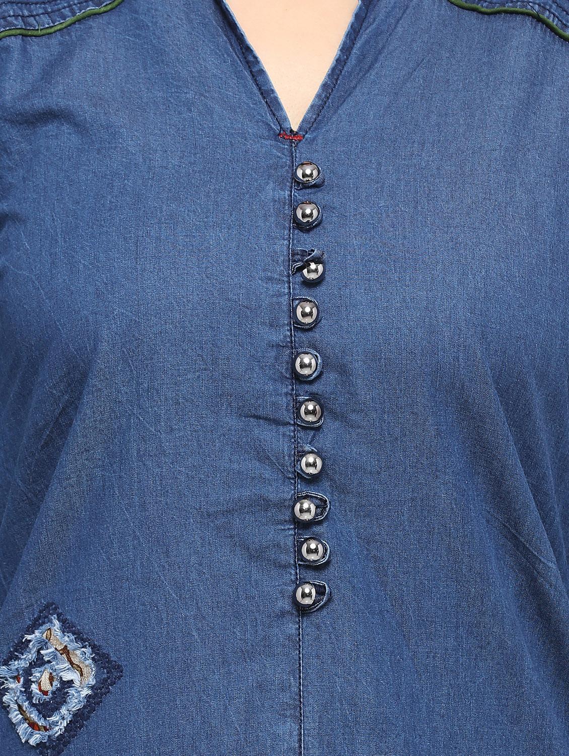 solid denim straight kurta - 17628452 - Zoom Image - 4