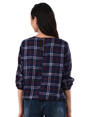 round neck checkered blouson top - 17628757 - Standard Image - 3