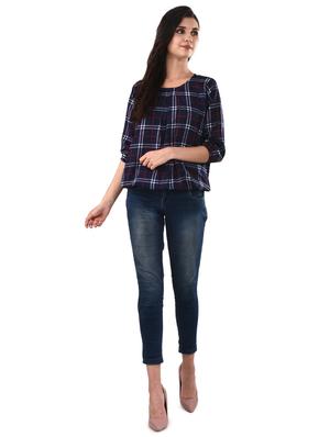 round neck checkered blouson top - 17628757 - Standard Image - 4