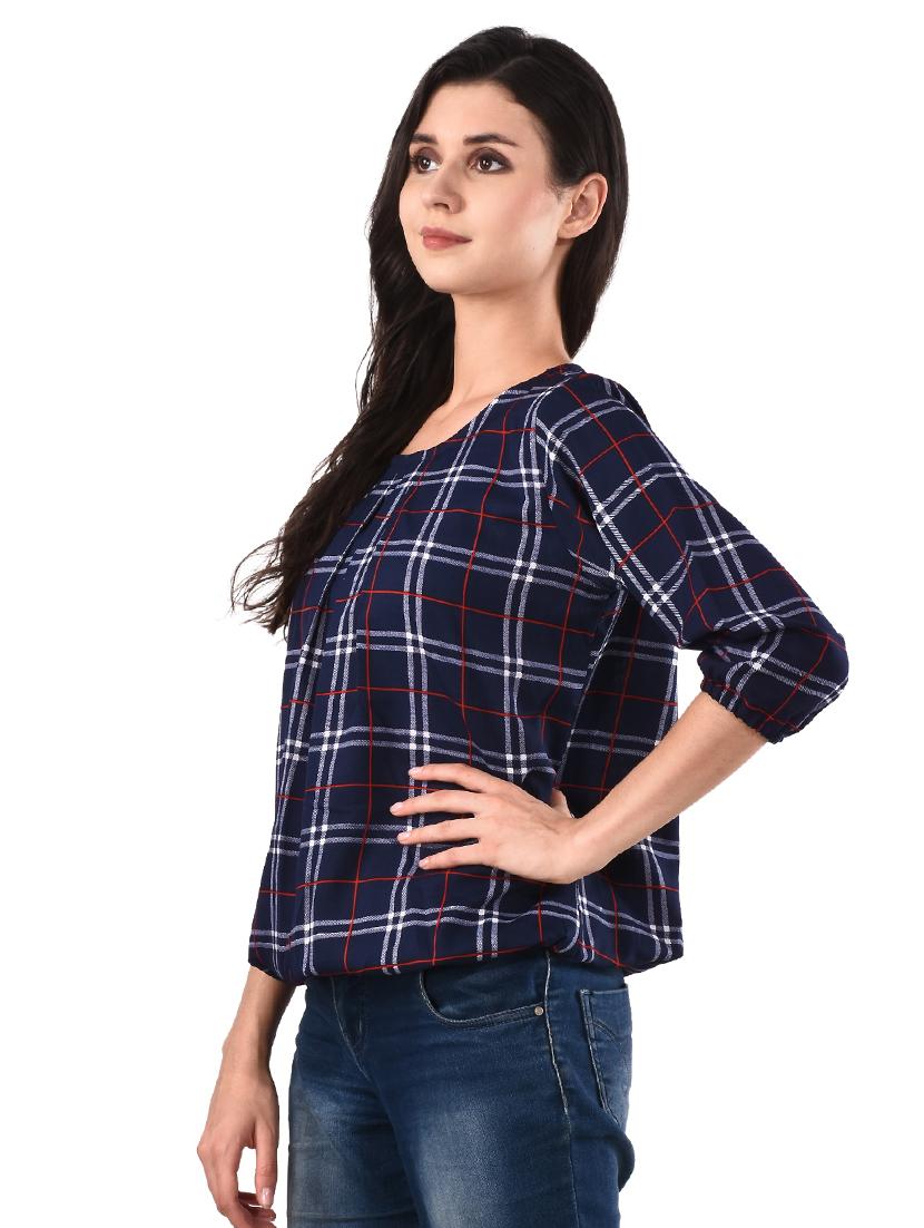 round neck checkered blouson top - 17628757 - Zoom Image - 2