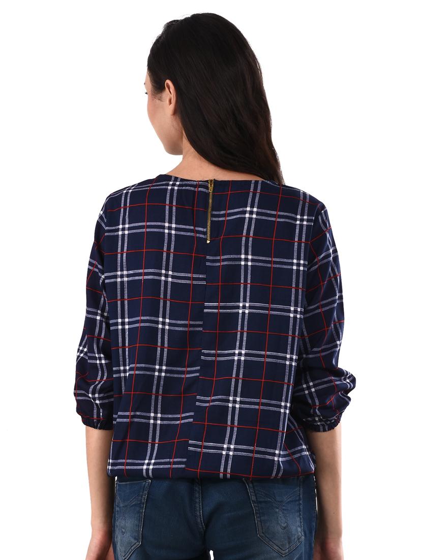 round neck checkered blouson top - 17628757 - Zoom Image - 3