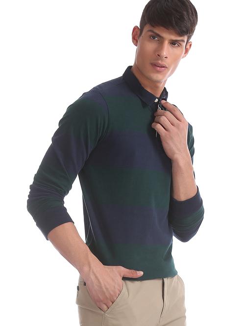 bottle green striped polo t-shirt - 17630742 - Very Small Image - 1