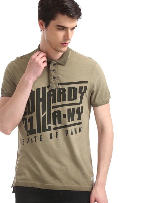 brown typographic polo t-shirt - 17630937 - Standard Image - 1