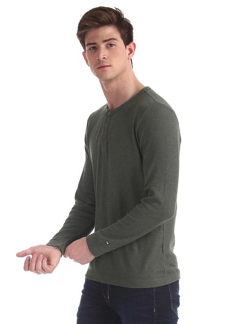 grey self design henley t-shirt - 17630994 - Standard Image - 1