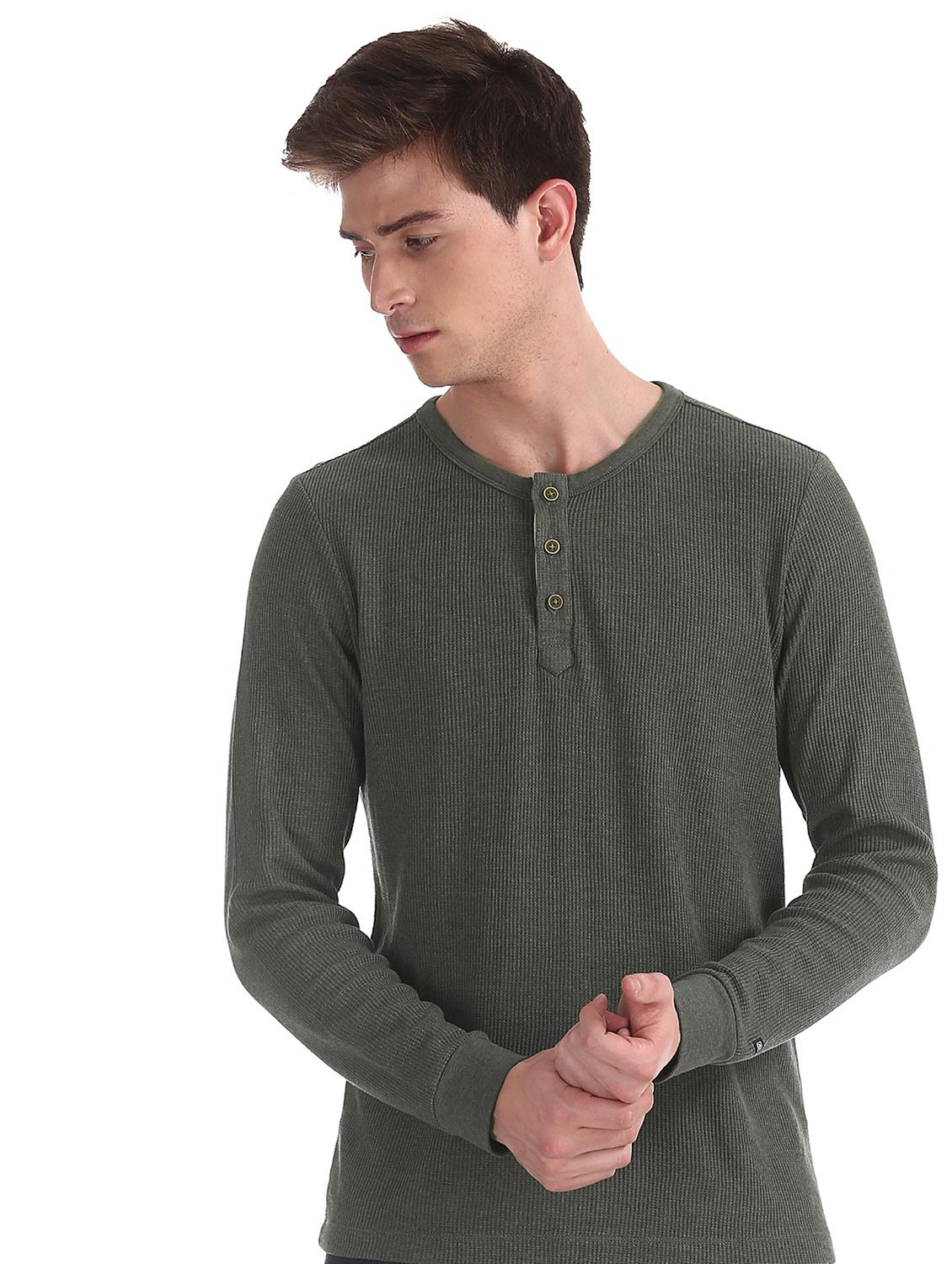 grey self design henley t-shirt - 17630994 - Zoom Image - 2