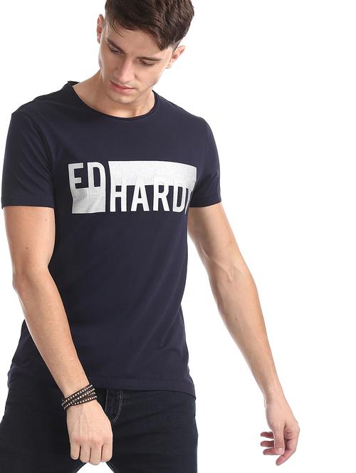 navy blue chest print t-shirt - 17631202 - Very Small Image - 1
