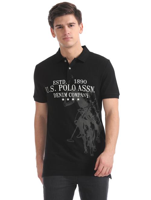 black printed polo t-shirt - 17631373 - Standard Image - 1