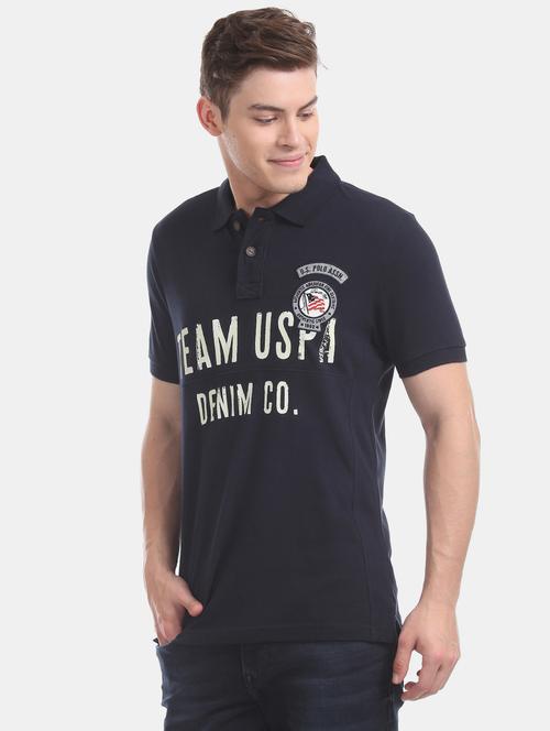 navy blue printed polo t-shirt - 17631470 - Standard Image - 1