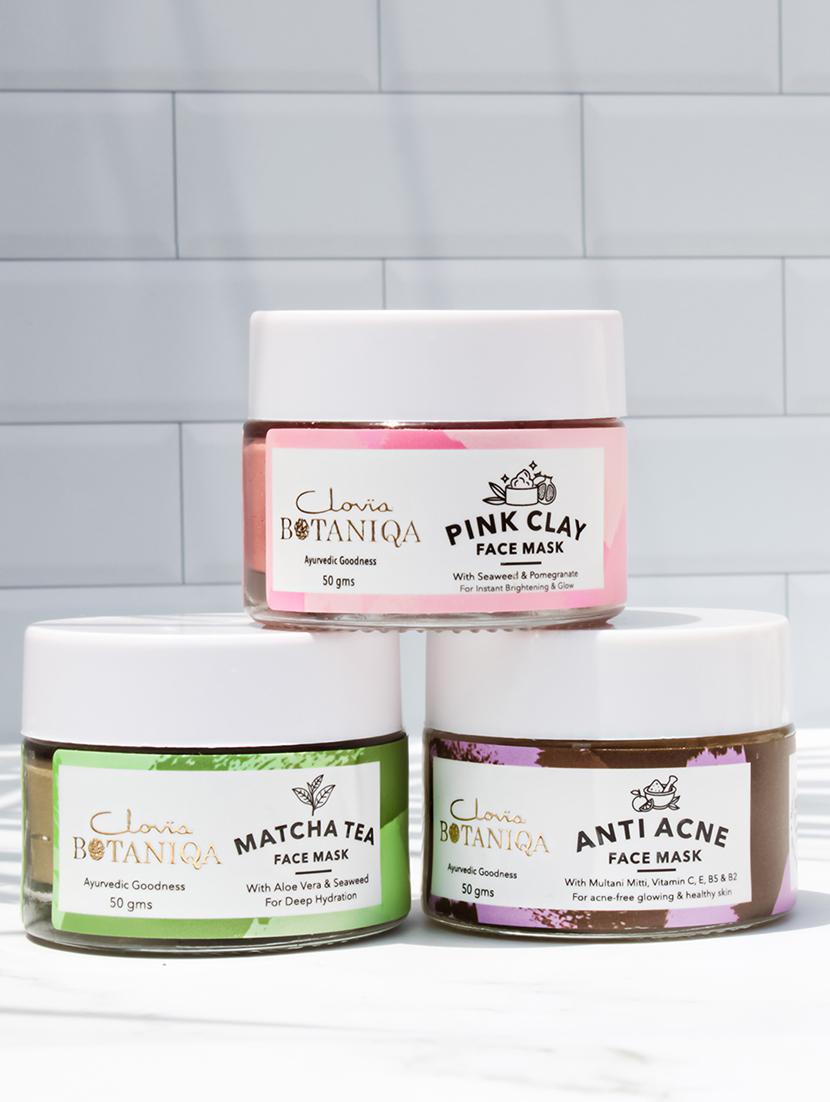 clovia botaniqa anti acne face mask, matcha green tea hydrating face mask & pink clay face mask - 17632810 - Zoom Image - 2